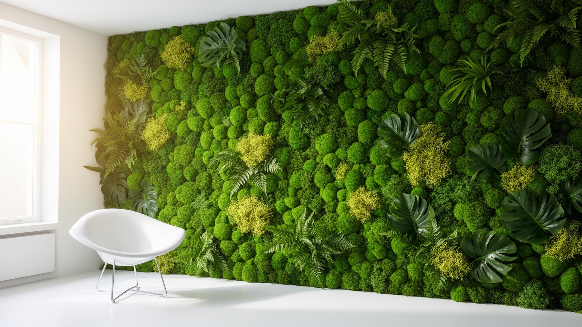 Lush preserved moss wall installation in a bright minimal interior
